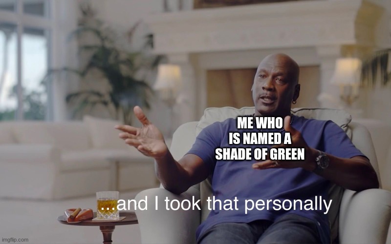 and I took that personally | ME WHO IS NAMED A SHADE OF GREEN | image tagged in and i took that personally | made w/ Imgflip meme maker