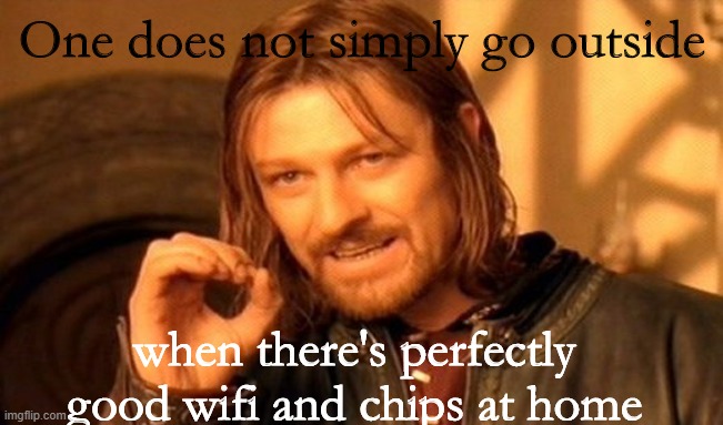 Why must we leave the house? | One does not simply go outside; when there's perfectly good wifi and chips at home | image tagged in memes,one does not simply | made w/ Imgflip meme maker