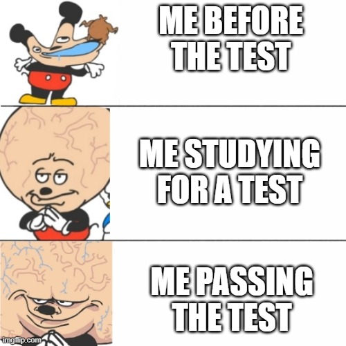 Before and During A Test(Feat. Mokey The Mouse) | ME BEFORE THE TEST; ME STUDYING FOR A TEST; ME PASSING THE TEST | image tagged in old school | made w/ Imgflip meme maker