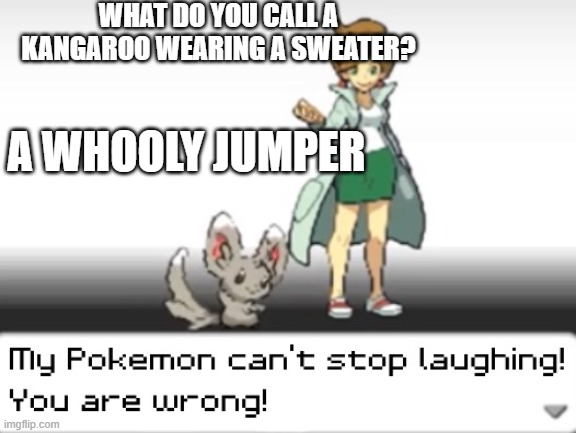 My Pokemon can't stop laughing! You are wrong! | WHAT DO YOU CALL A KANGAROO WEARING A SWEATER? A WHOOLY JUMPER | image tagged in my pokemon can't stop laughing you are wrong | made w/ Imgflip meme maker