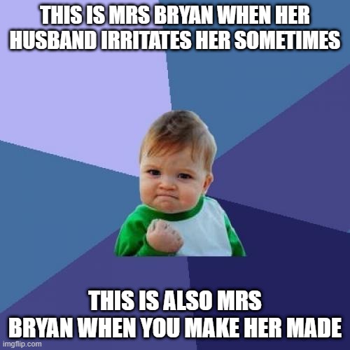 Success Kid Meme | THIS IS MRS BRYAN WHEN HER HUSBAND IRRITATES HER SOMETIMES; THIS IS ALSO MRS BRYAN WHEN YOU MAKE HER MADE | image tagged in memes,success kid | made w/ Imgflip meme maker