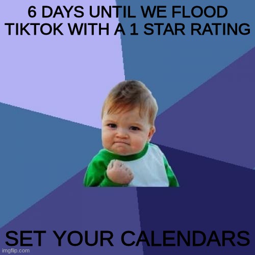 im gonna do a day count every day les go les go! | 6 DAYS UNTIL WE FLOOD TIKTOK WITH A 1 STAR RATING; SET YOUR CALENDARS | image tagged in memes,success kid | made w/ Imgflip meme maker