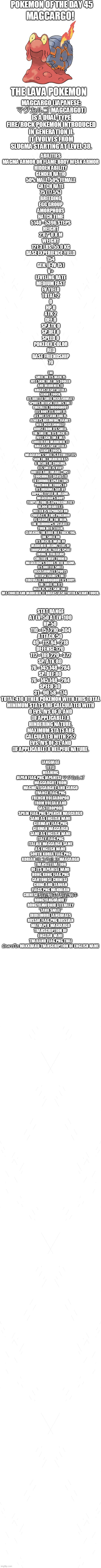 pokemon of the day 45 | POKEMON OF THE DAY 45; MAGCARGO! ABILITIES
MAGMA ARMOR OR FLAME BODY	WEAK ARMOR
HIDDEN ABILITY
GENDER RATIO
50% MALE, 50% FEMALE
CATCH RATE
75 (17.5%)
BREEDING
EGG GROUP
AMORPHOUS
HATCH TIME
5140 - 5396 STEPS
HEIGHT
2'07"	0.8 M
WEIGHT
121.3 LBS.	55.0 KG
BASE EXPERIENCE YIELD
154
GEN. II-IV	151
V+
LEVELING RATE
MEDIUM FAST
EV YIELD
TOTAL: 2
0
HP	0
ATK	2
DEF	0
SP.ATK	0
SP.DEF	0
SPEED 0
POKÉDEX COLOR
 RED
BASE FRIENDSHIP
70; MAGCARGO (JAPANESE: マグカルゴ MAGCARGOT) IS A DUAL-TYPE FIRE/ROCK POKÉMON INTRODUCED IN GENERATION II.
IT EVOLVES FROM SLUGMA STARTING AT LEVEL 38. THE LAVA POKEMON; THE SHELL ON ITS BACK IS JUST SKIN THAT HAS COOLED AND HARDENED. IT BREAKS EASILY WITH A SLIGHT TOUCH.
ITS BRITTLE SHELL OCCASIONALLY SPOUTS INTENSE FLAMES THAT CIRCULATE THROUGHOUT ITS BODY.ITS BODY IS AS HOT AS LAVA AND IS ALWAYS BILLOWING. FLAMES WILL OCCASIONALLY BURST FROM ITS SHELL.
THE SHELL ON ITS BACK IS JUST SKIN THAT HAS COOLED AND HARDENED. IT BREAKS EASILY WITH A SLIGHT TOUCH.
MAGCARGO'S SHELL IS ACTUALLY ITS SKIN THAT HARDENED AS A RESULT OF COOLING. ITS SHELL IS VERY BRITTLE AND FRAGILE - JUST TOUCHING IT CAUSES IT TO CRUMBLE APART. THIS POKÉMON RETURNS TO ITS ORIGINAL SIZE BY DIPPING ITSELF IN MAGMA.
MAGCARGO'S BODY TEMPERATURE IS APPROXIMATELY 18,000 DEGREES F. WATER IS VAPORIZED ON CONTACT. IF THIS POKÉMON IS CAUGHT IN THE RAIN, THE RAINDROPS INSTANTLY TURN INTO STEAM, CLOAKING THE AREA IN A THICK FOG.
THE SHELL ON ITS BACK IS MADE OF HARDENED MAGMA. TENS OF THOUSANDS OF YEARS SPENT LIVING IN VOLCANIC CRATERS HAVE TURNED MAGCARGO'S BODIES INTO MAGMA.
ITS BRITTLE SHELL OCCASIONALLY SPOUTS INTENSE FLAMES THAT CIRCULATE THROUGHOUT ITS BODY.
THE SHELL ON ITS BACK IS JUST SKIN THAT HAS COOLED AND HARDENED. IT BREAKS EASILY WITH A SLIGHT TOUCH. STAT	RANGE
AT LV. 50	AT LV. 100
HP:50	
110 - 157	210 - 304
ATTACK:50	
49 - 112	94 - 218
DEFENSE:120	
112 - 189	220 - 372
SP. ATK:80	
76 - 145	148 - 284
SP. DEF:80	
76 - 145	148 - 284
SPEED:30	
31 - 90	58 - 174
TOTAL:410	OTHER POKÉMON WITH THIS TOTAL
MINIMUM STATS ARE CALCULATED WITH 0 EVS, IVS OF 0, AND (IF APPLICABLE) A HINDERING NATURE.
MAXIMUM STATS ARE CALCULATED WITH 252 EVS, IVS OF 31, AND (IF APPLICABLE) A HELPFUL NATURE. LANGUAGE TITLE	MEANING
JAPAN FLAG.PNG JAPANESE マグカルゴ MAGCARGOT	FROM MAGMA, ESCARGOT, AND CARGO
FRANCE FLAG.PNG FRENCH	VOLCAROPOD FROM VOLCAN AND GASTÉROPODE
SPAIN FLAG.PNG SPANISH	MAGCARGO SAME AS ENGLISH NAME
GERMANY FLAG.PNG GERMAN MAGCARGO SAME AS ENGLISH NAME
ITALY FLAG.PNG ITALIAN MAGCARGO SAME AS ENGLISH NAME
SOUTH KOREA FLAG.PNG KOREAN	마그카르고 MAGCARGO TRANSLITERATION OF ITS JAPANESE NAME
HONG KONG FLAG.PNG CANTONESE CHINESE		
CHINA AND TAIWAN FLAGS.PNG MANDARIN CHINESE	熔岩蝸牛 / 熔岩蜗牛
RÓNGYÁNGUĀNIÚ / RÓNGYÁNWŌNIÚ	LITERALLY "LAVA SNAIL"
[HIDE]MORE LANGUAGES
RUSSIA FLAG.PNG RUSSIAN	МАГКАРГО MAGKARGO	TRANSCRIPTION OF ENGLISH NAME
THAILAND FLAG.PNG THAI	มักคาร์โก MAKKHAKO	TRANSCRIPTION OF ENGLISH NAME | image tagged in blank white template,pokemon,pokemon of the day | made w/ Imgflip meme maker