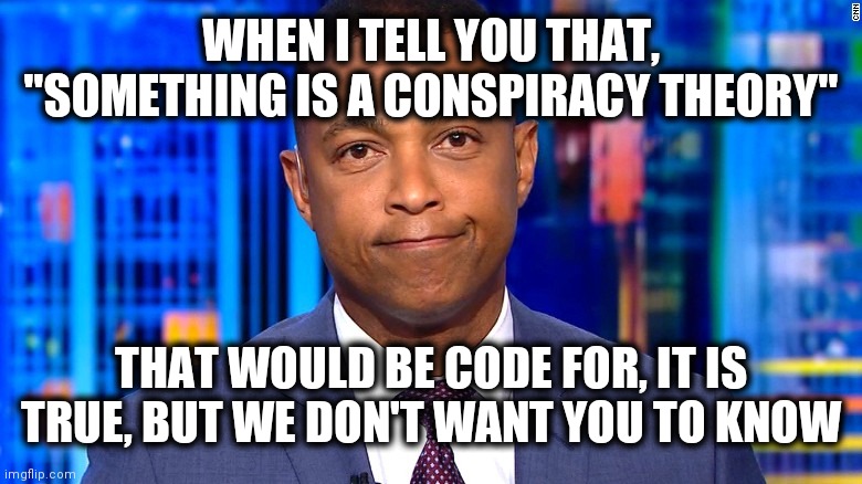 Don Lemon | WHEN I TELL YOU THAT, "SOMETHING IS A CONSPIRACY THEORY"; THAT WOULD BE CODE FOR, IT IS TRUE, BUT WE DON'T WANT YOU TO KNOW | image tagged in don lemon | made w/ Imgflip meme maker