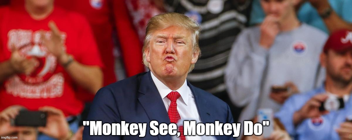 "Monkey See, Monkey Do" | "Monkey See, Monkey Do" | image tagged in trump,monkey,dittoheads,copy cats,asslicks,suckups | made w/ Imgflip meme maker