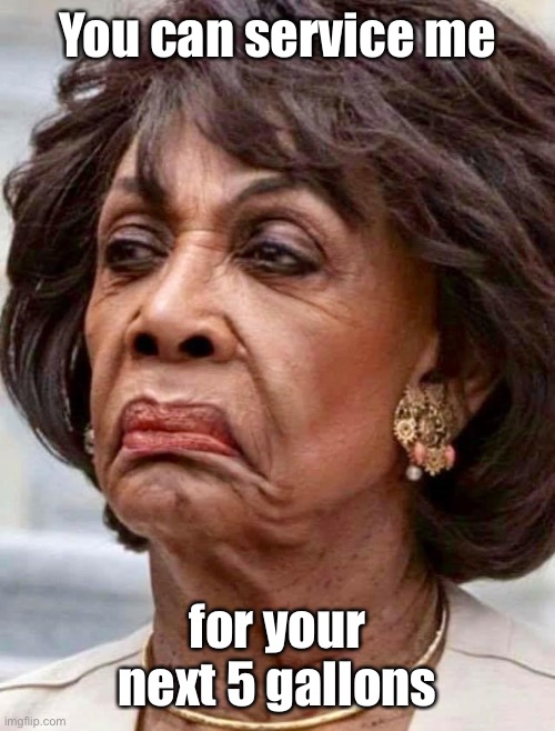 Maxine Waters | You can service me for your next 5 gallons | image tagged in maxine waters | made w/ Imgflip meme maker