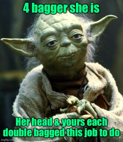 Star Wars Yoda Meme | 4 bagger she is Her head & yours each double bagged this job to do | image tagged in memes,star wars yoda | made w/ Imgflip meme maker