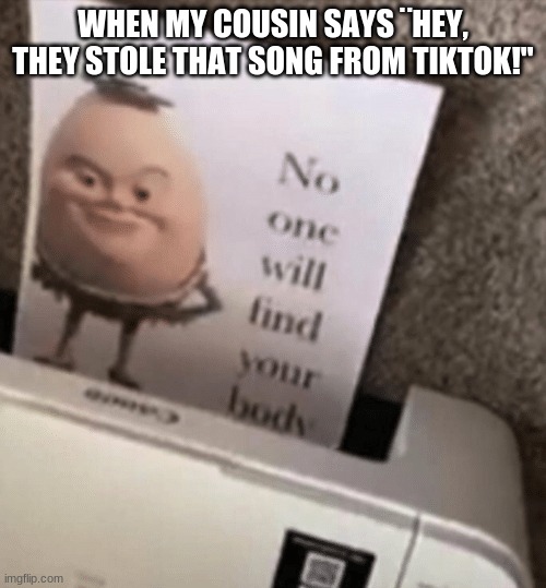 yeet | WHEN MY COUSIN SAYS ¨HEY, THEY STOLE THAT SONG FROM TIKTOK!" | image tagged in no one will find your body | made w/ Imgflip meme maker