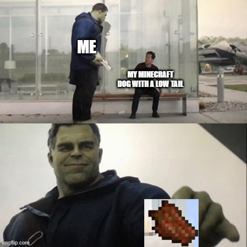 i must | ME; MY MINECRAFT DOG WITH A LOW TAIL | image tagged in hulk and ant man,minecraft,dog,wolf,rotten flesh,health | made w/ Imgflip meme maker