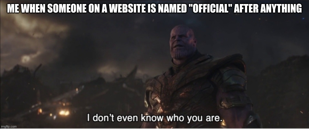 gamertags with a "youtube" or an "official" at the end be like | ME WHEN SOMEONE ON A WEBSITE IS NAMED "OFFICIAL" AFTER ANYTHING | image tagged in i don't even know who you are,online gaming,gamers,online,pvp,avengers endgame | made w/ Imgflip meme maker