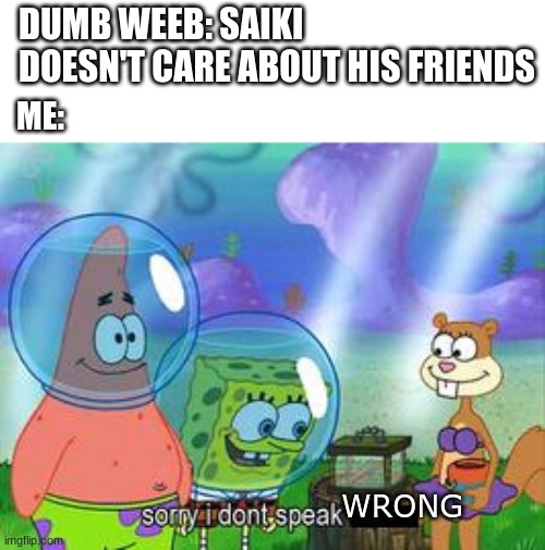 Sorry I don't speak ____ | DUMB WEEB: SAIKI DOESN'T CARE ABOUT HIS FRIENDS; ME:; WRONG | image tagged in sorry i don't speak ____ | made w/ Imgflip meme maker