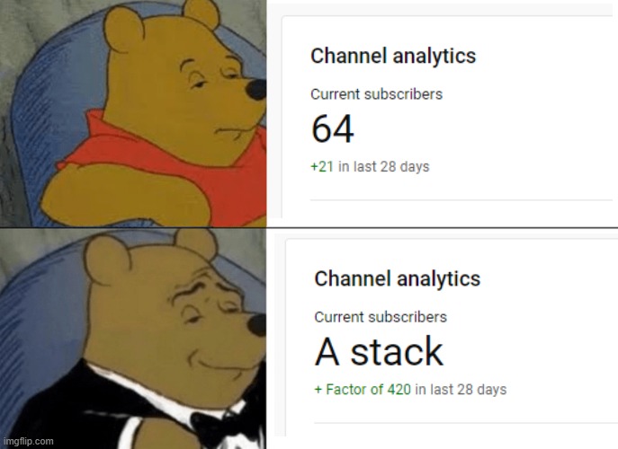 64 VS A Stack | image tagged in memes,tuxedo winnie the pooh,64 subscribers,a stack of subscribers | made w/ Imgflip meme maker