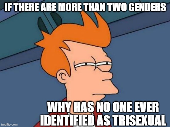 Futurama Fry | IF THERE ARE MORE THAN TWO GENDERS; WHY HAS NO ONE EVER IDENTIFIED AS TRISEXUAL | image tagged in memes,futurama fry | made w/ Imgflip meme maker