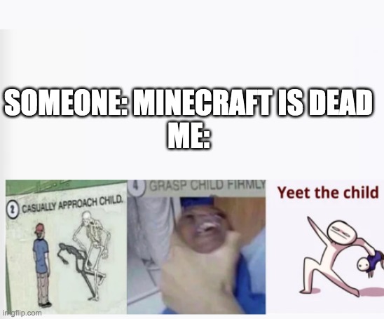 minecraft is not dead | SOMEONE: MINECRAFT IS DEAD
ME: | image tagged in casually approach child grasp child firmly yeet the child | made w/ Imgflip meme maker