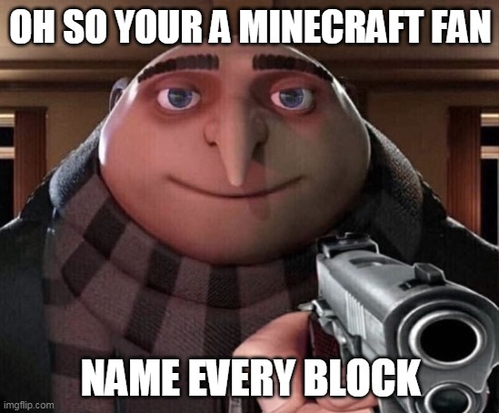 Do it... | OH SO YOUR A MINECRAFT FAN; NAME EVERY BLOCK | image tagged in gru gun,minecraft,gaming,gru,block game | made w/ Imgflip meme maker