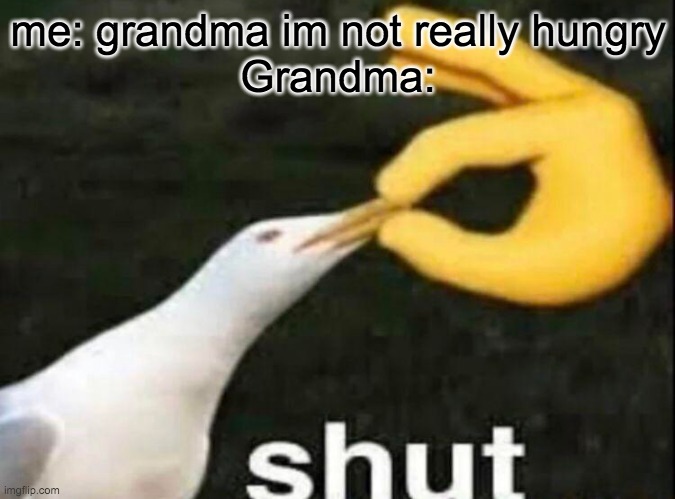 grandmas be like | me: grandma im not really hungry
Grandma: | image tagged in shut | made w/ Imgflip meme maker