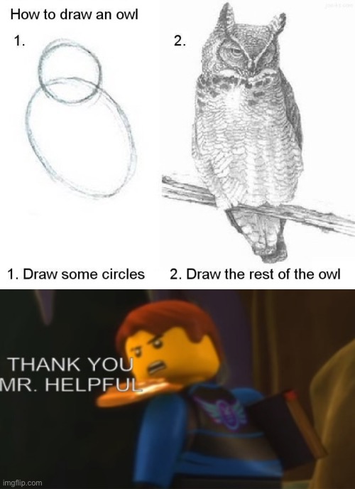 This helped alot | image tagged in draw an owl,thank you mister helpful | made w/ Imgflip meme maker