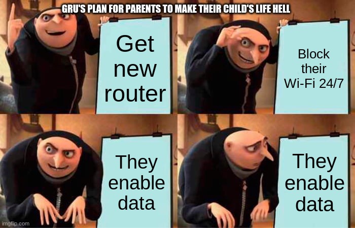 this is somewhat relevant to gaming | GRU'S PLAN FOR PARENTS TO MAKE THEIR CHILD'S LIFE HELL; Get new router; Block their Wi-Fi 24/7; They enable data; They enable data | image tagged in memes,gru's plan | made w/ Imgflip meme maker