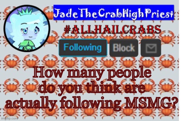 I mean, cmon | How many people do you think are actually following MSMG? | image tagged in jadethecrabhighpriest announcement template | made w/ Imgflip meme maker