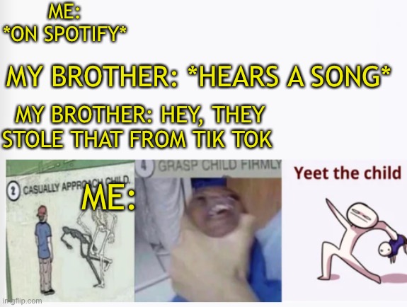 Casually Approach Child, Grasp Child Firmly, Yeet the Child | ME: *ON SPOTIFY*; MY BROTHER: *HEARS A SONG*; MY BROTHER: HEY, THEY STOLE THAT FROM TIK TOK; ME: | image tagged in casually approach child grasp child firmly yeet the child | made w/ Imgflip meme maker