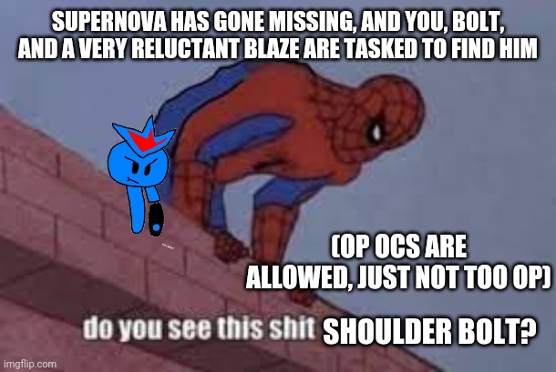 Do you see this shit bolt | SUPERNOVA HAS GONE MISSING, AND YOU, BOLT, AND A VERY RELUCTANT BLAZE ARE TASKED TO FIND HIM; (OP OCS ARE ALLOWED, JUST NOT TOO OP) | image tagged in do you see this shit bolt | made w/ Imgflip meme maker