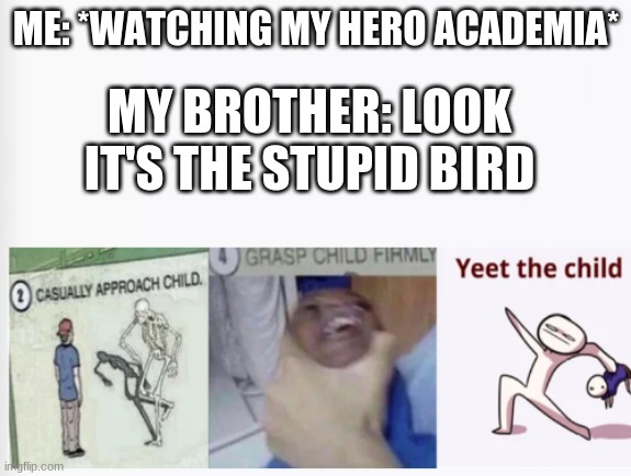 Casually Approach Child, Grasp Child Firmly, Yeet the Child | ME: *WATCHING MY HERO ACADEMIA*; MY BROTHER: LOOK IT'S THE STUPID BIRD | image tagged in casually approach child grasp child firmly yeet the child | made w/ Imgflip meme maker