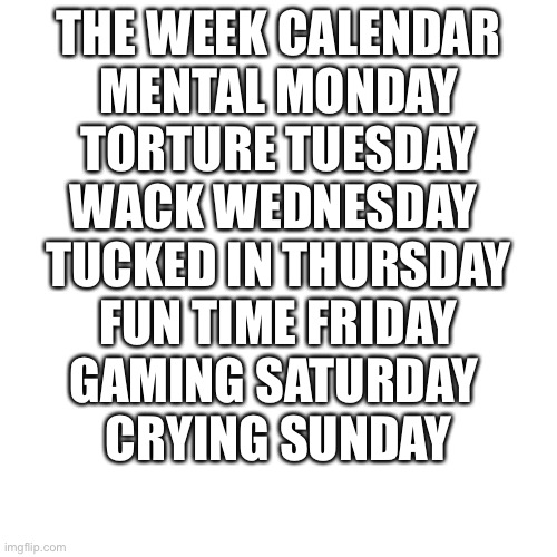 Blank Transparent Square | THE WEEK CALENDAR
MENTAL MONDAY
TORTURE TUESDAY
WACK WEDNESDAY 
TUCKED IN THURSDAY
FUN TIME FRIDAY
GAMING SATURDAY 
CRYING SUNDAY | image tagged in memes,blank transparent square | made w/ Imgflip meme maker