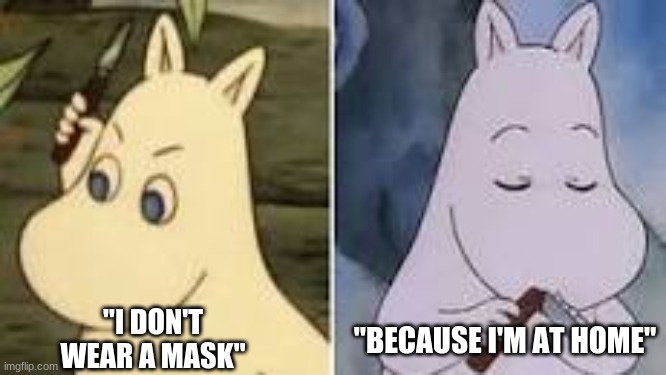 oh, ok good thing | "BECAUSE I'M AT HOME"; "I DON'T WEAR A MASK" | image tagged in animated animal with knife | made w/ Imgflip meme maker