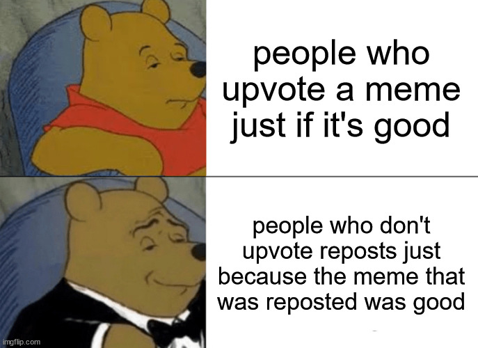 man, screw reposters | people who upvote a meme just if it's good; people who don't upvote reposts just because the meme that was reposted was good | image tagged in memes,tuxedo winnie the pooh | made w/ Imgflip meme maker