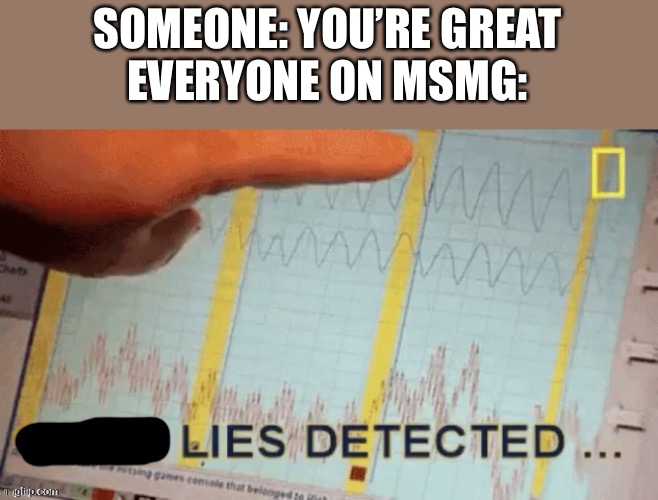 why? | SOMEONE: YOU’RE GREAT
EVERYONE ON MSMG: | image tagged in lies detected | made w/ Imgflip meme maker