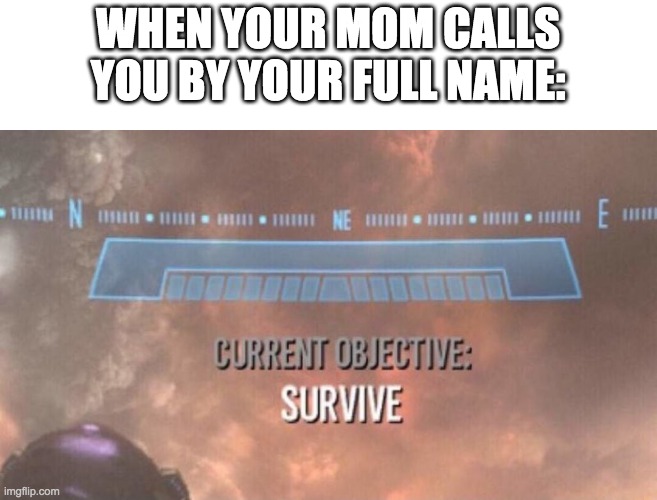 survive | WHEN YOUR MOM CALLS YOU BY YOUR FULL NAME: | image tagged in current objective survive | made w/ Imgflip meme maker