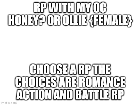Blank White Template | RP WITH MY OC HONEY? OR OLLIE {FEMALE}; CHOOSE A RP THE CHOICES ARE ROMANCE ACTION AND BATTLE RP | image tagged in blank white template | made w/ Imgflip meme maker