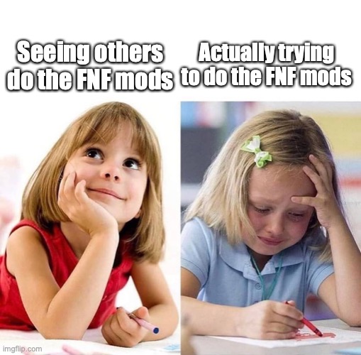 FNF (real last meme for now) | Actually trying to do the FNF mods; Seeing others do the FNF mods | image tagged in me thinking about x vs me doing x,fnf,mods,oh no | made w/ Imgflip meme maker