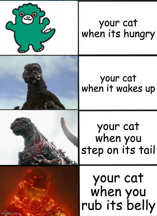 Strength of Godzilla 4-panel | your cat when its hungry; your cat when it wakes up; your cat when you step on its tail; your cat when you rub its belly | image tagged in strength of godzilla 4-panel | made w/ Imgflip meme maker