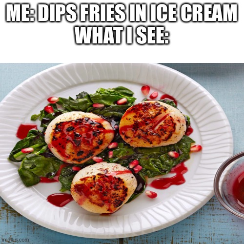 ME: DIPS FRIES IN ICE CREAM
WHAT I SEE: | image tagged in memes | made w/ Imgflip meme maker