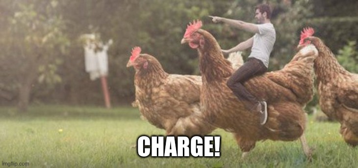 Onward! | CHARGE! | image tagged in funny,chickens,charger,battle,giant | made w/ Imgflip meme maker
