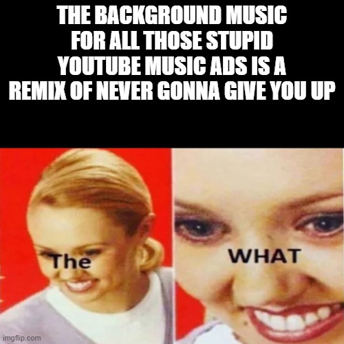 NANI? | THE BACKGROUND MUSIC FOR ALL THOSE STUPID YOUTUBE MUSIC ADS IS A REMIX OF NEVER GONNA GIVE YOU UP | image tagged in the what | made w/ Imgflip meme maker