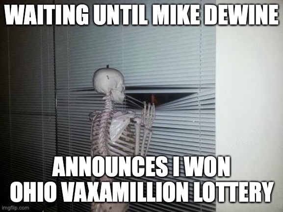 Vaxamillion Ohio Dewine Winner | WAITING UNTIL MIKE DEWINE; ANNOUNCES I WON OHIO VAXAMILLION LOTTERY | image tagged in waiting skeleton | made w/ Imgflip meme maker