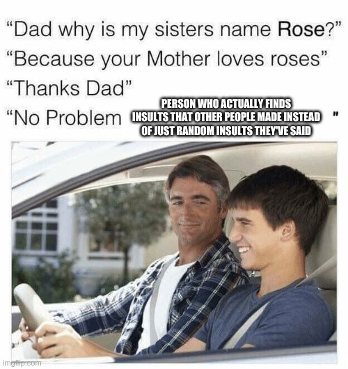 Why is my sister's name Rose | PERSON WHO ACTUALLY FINDS INSULTS THAT OTHER PEOPLE MADE INSTEAD OF JUST RANDOM INSULTS THEY'VE SAID | image tagged in why is my sister's name rose | made w/ Imgflip meme maker