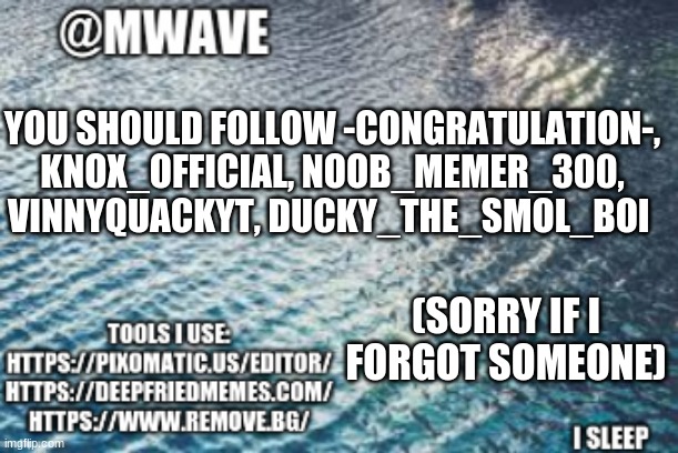 These are good people | YOU SHOULD FOLLOW -CONGRATULATION-, KNOX_OFFICIAL, NOOB_MEMER_300, VINNYQUACKYT, DUCKY_THE_SMOL_BOI; (SORRY IF I FORGOT SOMEONE) | image tagged in follow,plz,they are good people | made w/ Imgflip meme maker