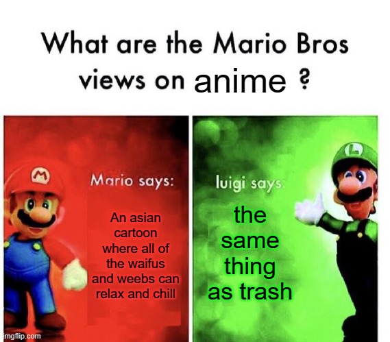 Lol i agree with luigi. | anime; the same thing as trash; An asian cartoon where all of the waifus and weebs can relax and chill | image tagged in mario bros views | made w/ Imgflip meme maker