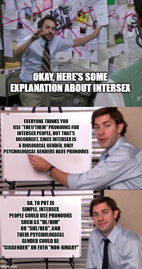 I have an Intergirl friend and she uses she/her pronouns | OKAY, HERE'S SOME EXPLANATION ABOUT INTERSEX; EVERYONE THINKS YOU USE "THEY/THEM" PRONOUNS FOR INTERSEX PEOPLE, BUT THAT'S INCORRECT, SINCE INTERSEX IS A BIOLOGICAL GENDER, ONLY PSYCHOLOGICAL GENDERS HAVE PRONOUNS; SO, TO PUT IS SIMPLE, INTERSEX PEOPLE COULD USE PRONOUNS SUCH AS "HE/HIM" OR "SHE/HER", AND THEIR PSYCHOLOGICAL GENDER COULD BE "CISGENDER" OR EVEN "NON-BINARY" | image tagged in charlie day,jim halpert explains,intersex,lgbt,gender | made w/ Imgflip meme maker
