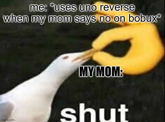 SHUT | me: *uses uno reverse when my mom says no on bobux* MY MOM: | image tagged in shut | made w/ Imgflip meme maker