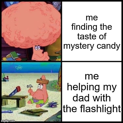hmmm tastes like coconut | me finding the taste of mystery candy; me helping my dad with the flashlight | image tagged in patrick big brain vs small brain | made w/ Imgflip meme maker