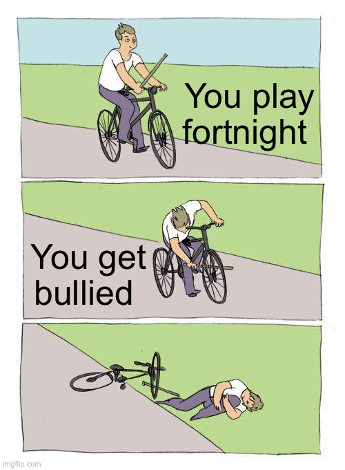 Bike Fall Meme | You play fortnight; You get bullied | image tagged in memes,bike fall | made w/ Imgflip meme maker