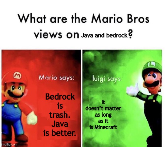 Mario Bros Views | Java and bedrock; Bedrock is trash. Java is better. It doesn’t matter as long as it is Minecraft | image tagged in mario bros views | made w/ Imgflip meme maker