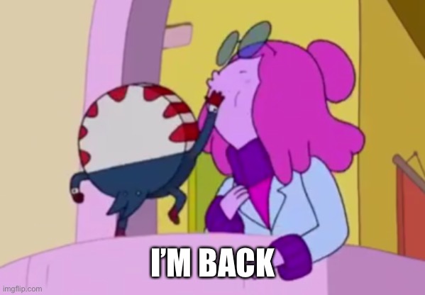 Peppermint Butler slapping Princess Bubblegum | I’M BACK | image tagged in peppermint butler slapping princess bubblegum | made w/ Imgflip meme maker