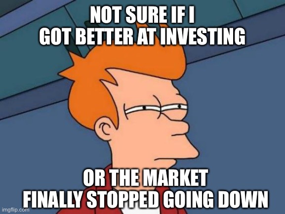 Investing be like |  NOT SURE IF I GOT BETTER AT INVESTING; OR THE MARKET FINALLY STOPPED GOING DOWN | image tagged in memes,futurama fry,invest,stock market,stonks | made w/ Imgflip meme maker