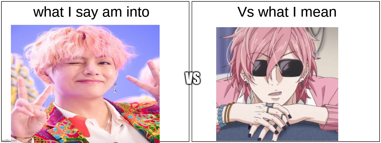 THIS IS WHAT I MEAN BY I LIKE PINK HAIRED BOYS !!! | what I say am into; Vs what I mean; VS | image tagged in memes,blank comic panel 2x1 | made w/ Imgflip meme maker