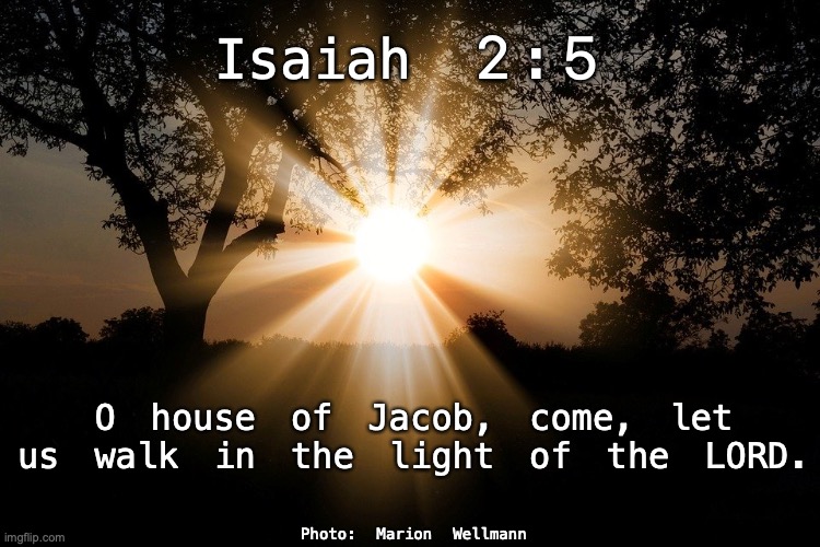 Shine Jesus Shine! | Isaiah 2:5; O house of Jacob, come, let us walk in the light of the LORD. Photo: Marion Wellmann | image tagged in disciple,servant,follower,sanctification | made w/ Imgflip meme maker